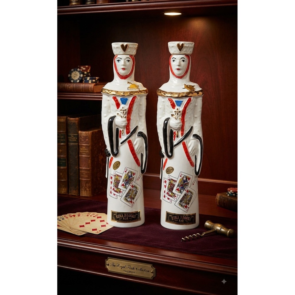 Vintage Ezra Brooks Royal Flush Queen of Hearts Decanter Set Heritage China